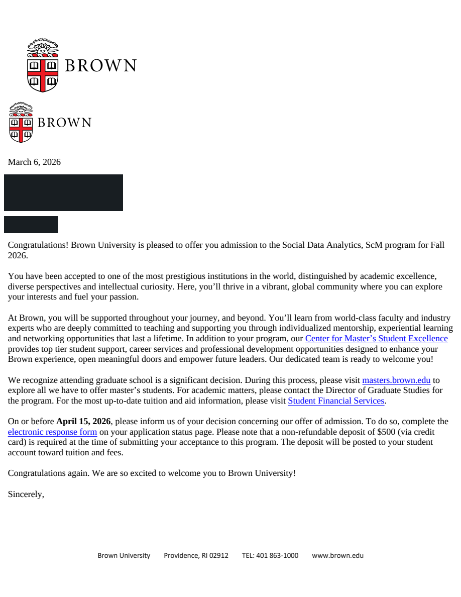 Brown University ScM Social Data Analytics录取原件，个人信息已处理