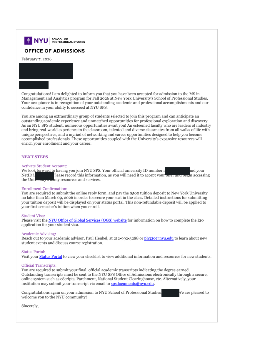 New York University SPS真实录取通知，个人信息已处理
