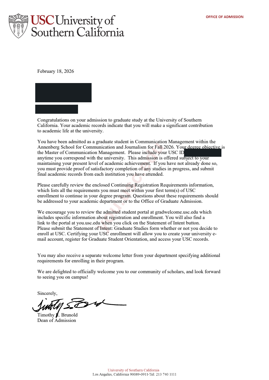 University of Southern California真实录取通知，个人信息已处理