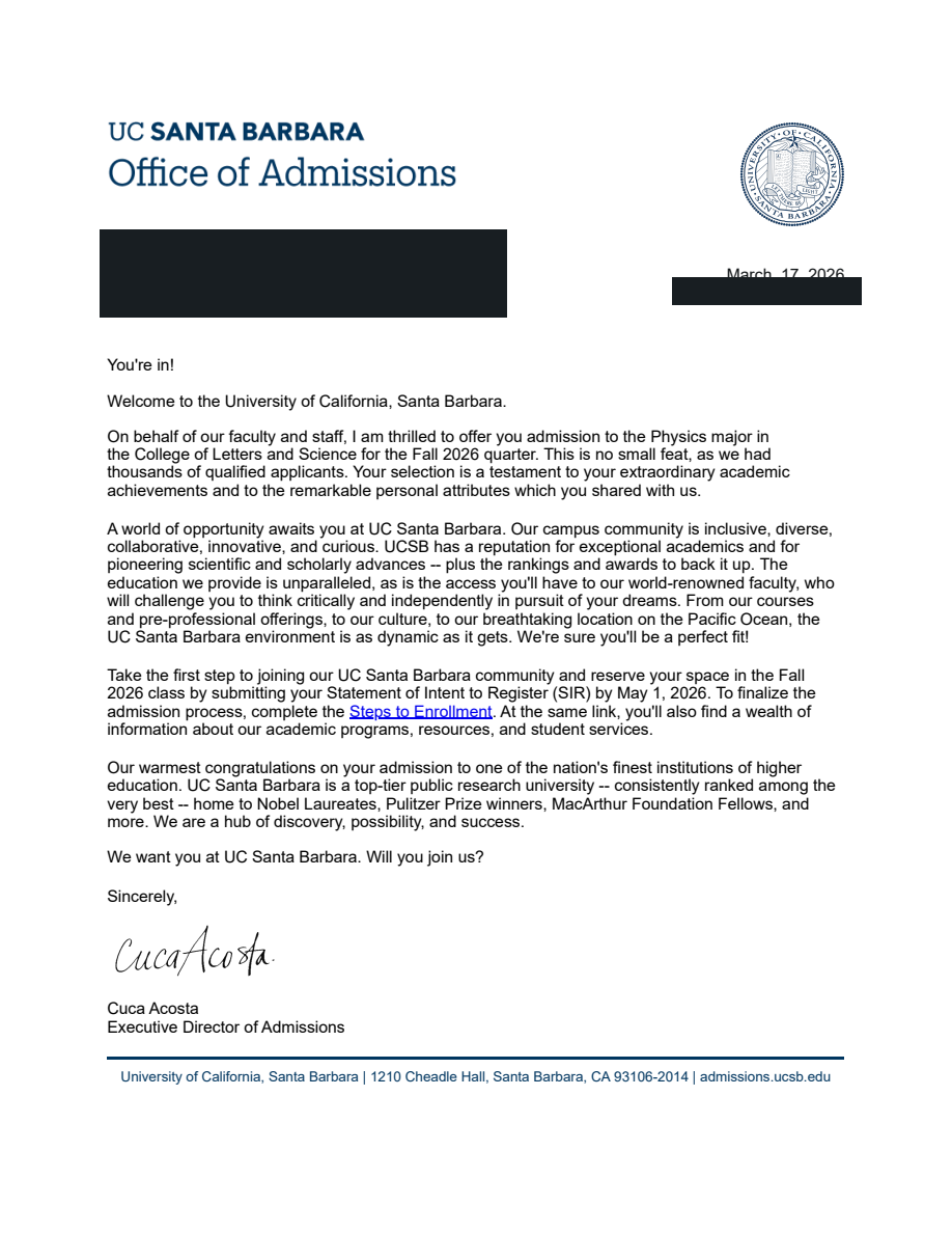 UC Santa Barbara真实录取通知，个人信息已处理