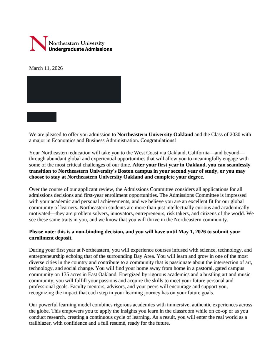 Northeastern University Oakland真实录取通知，个人信息已处理