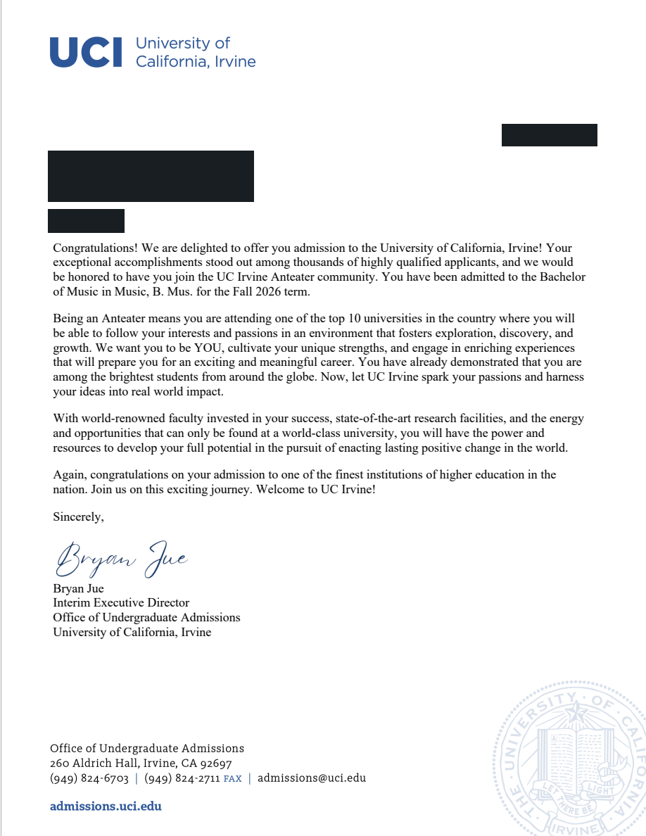 UC Irvine Bachelor of Music录取原件，个人信息已处理