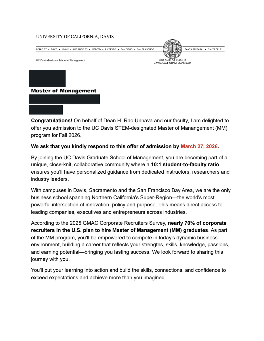 UC Davis真实录取通知，个人信息已处理