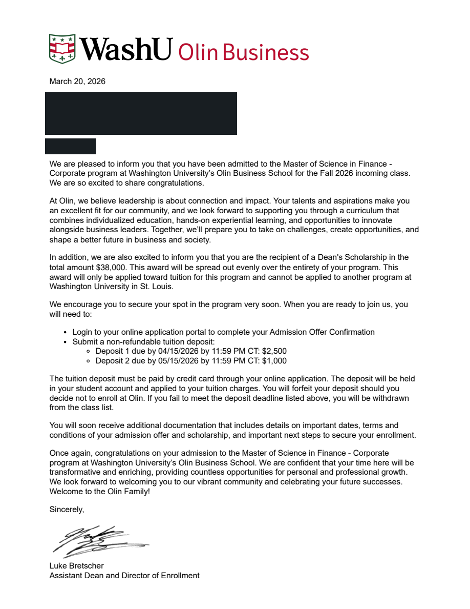 Washington University in St. Louis真实录取通知，个人信息已处理