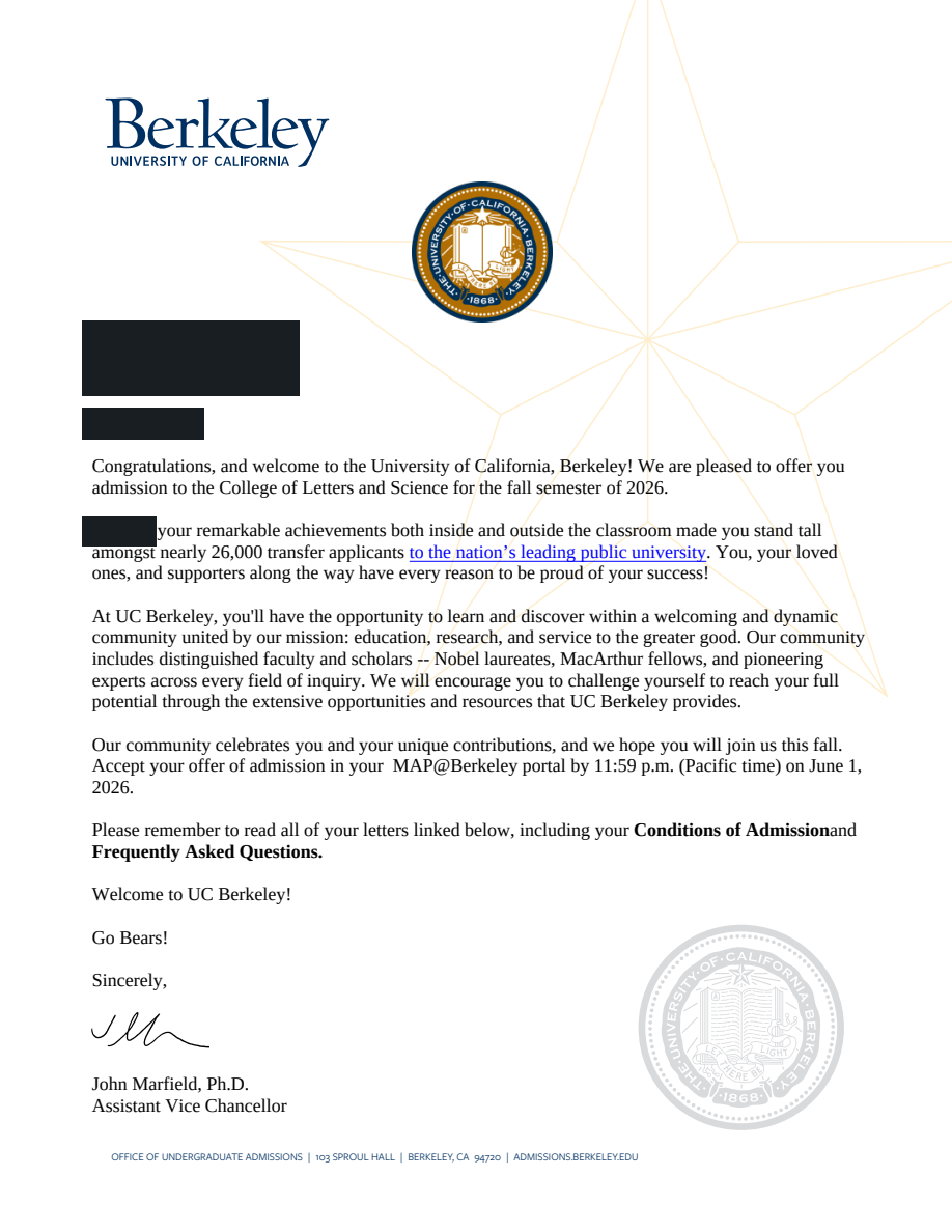 UC Berkeley真实录取通知，个人信息已处理