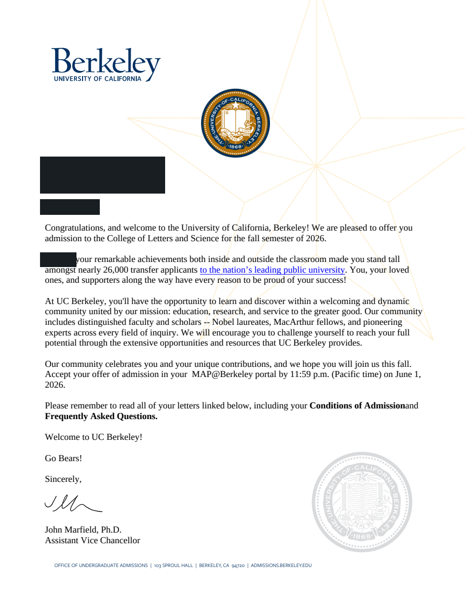 UC BerkeleyCollege of Letters and Science真实录取材料，个人信息已处理