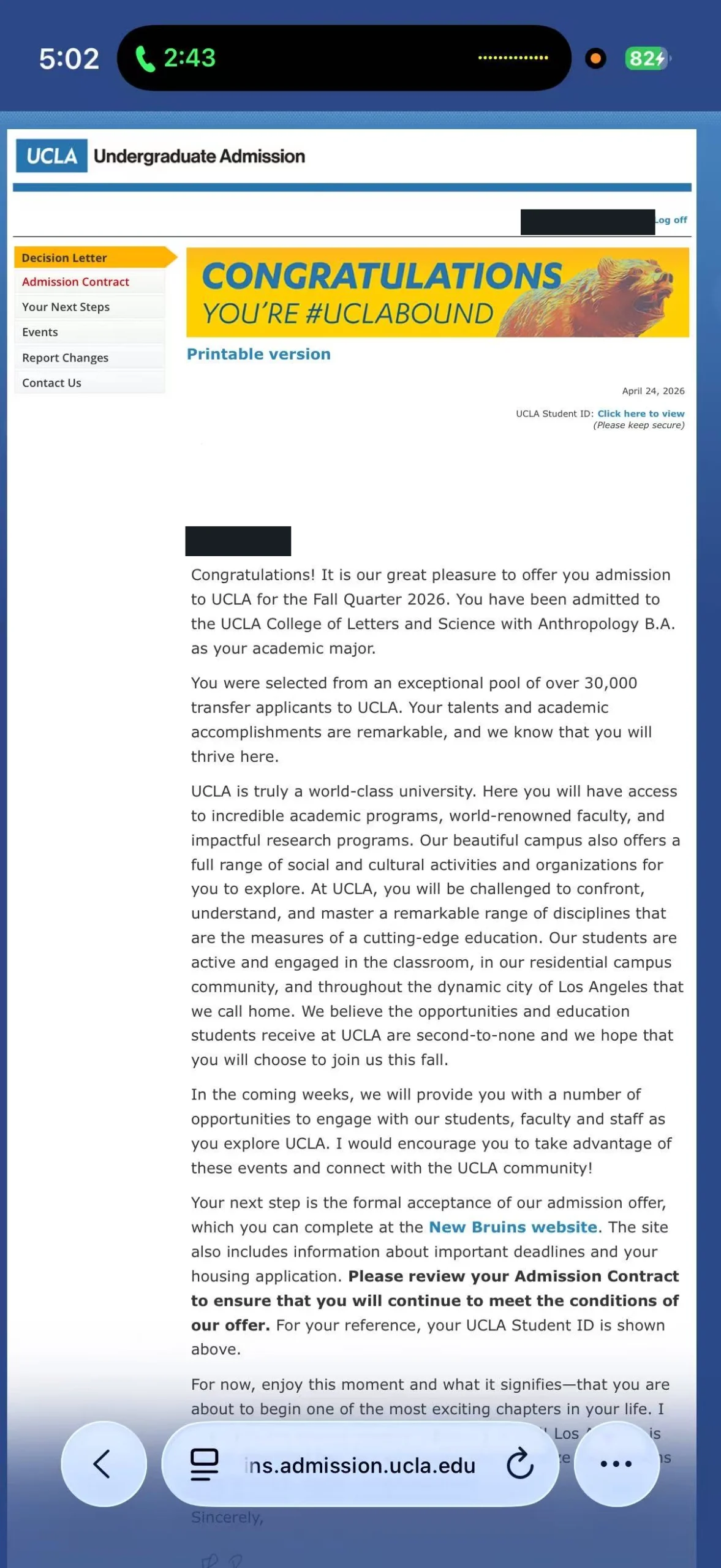 UCLAAnthropology BA真实录取材料，个人信息已处理