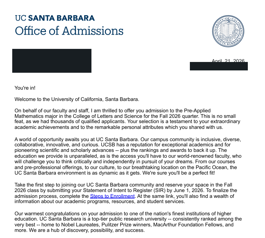 UC Santa BarbaraPre-Applied Mathematics真实录取材料，个人信息已处理