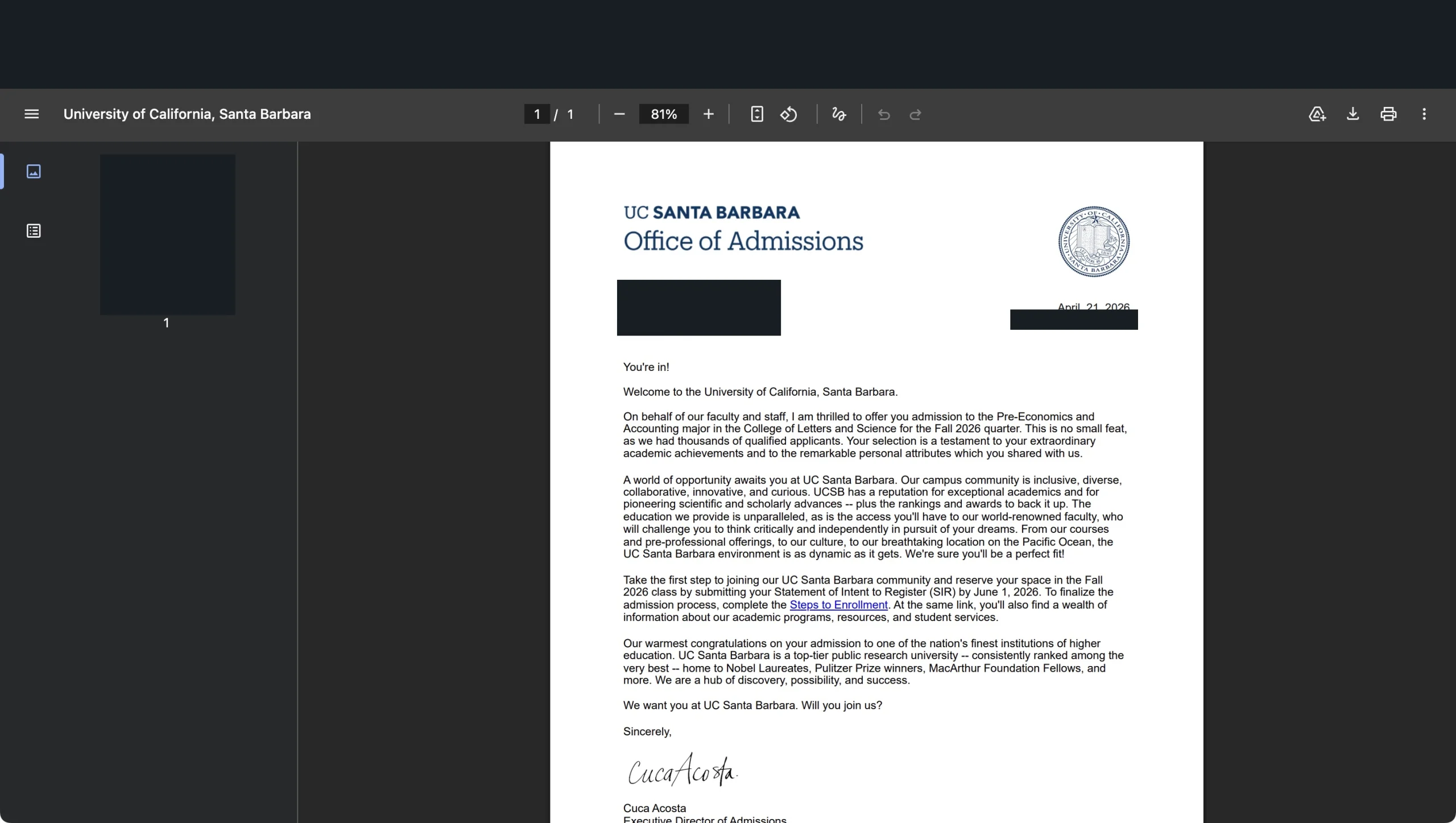UC Santa Barbara真实录取通知，个人信息已处理