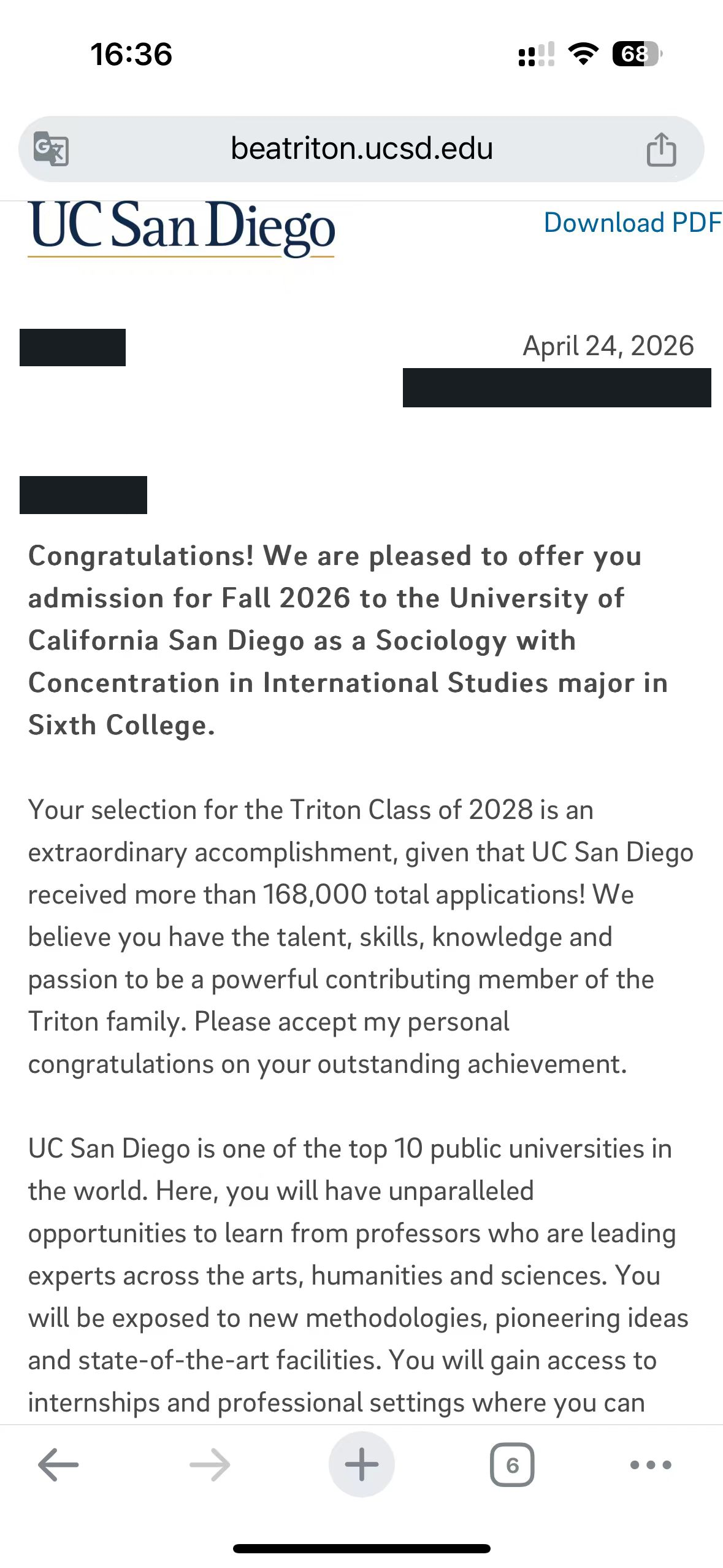 UC San DiegoSociology with Concentration in International Studies真实录取材料，个人信息已处理