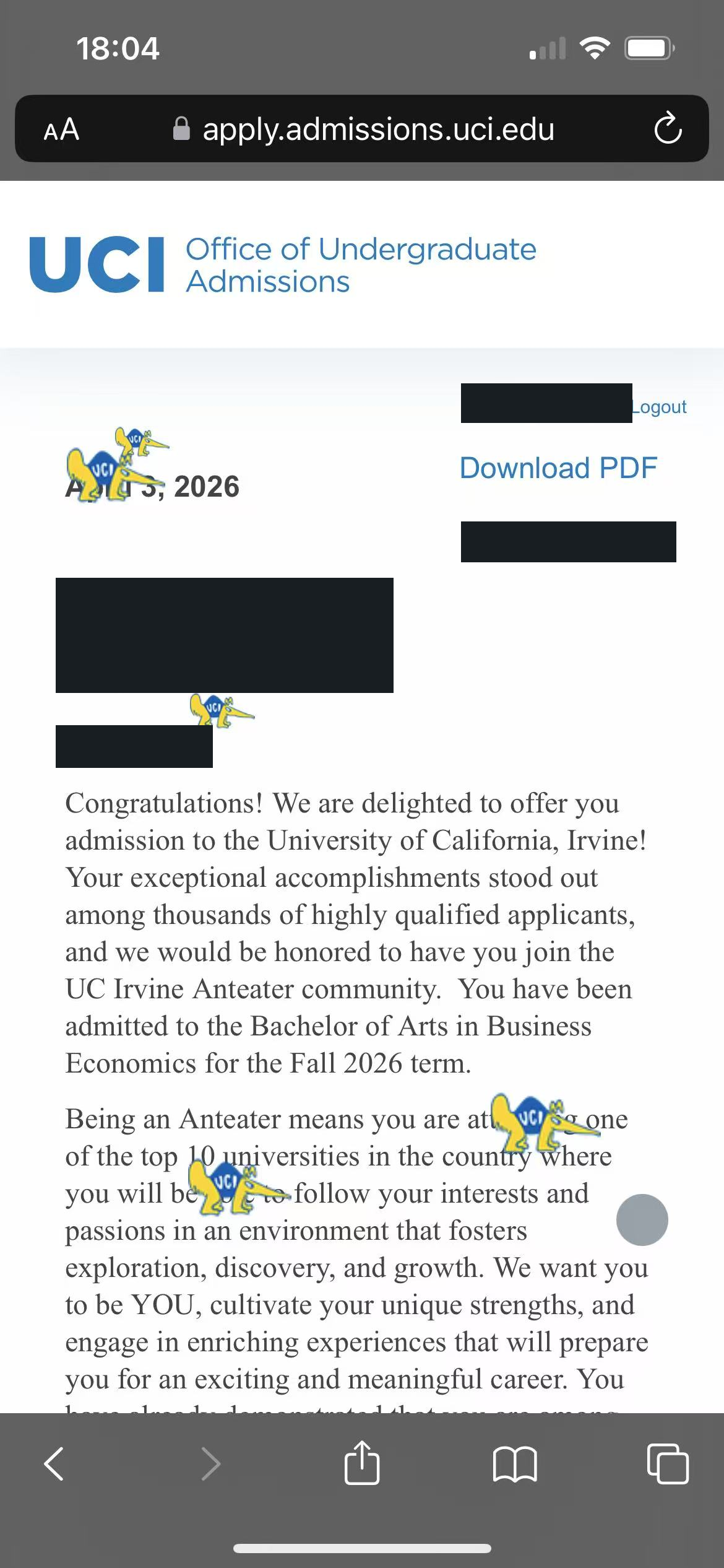 UC IrvineBA Business Economics真实录取材料，个人信息已处理