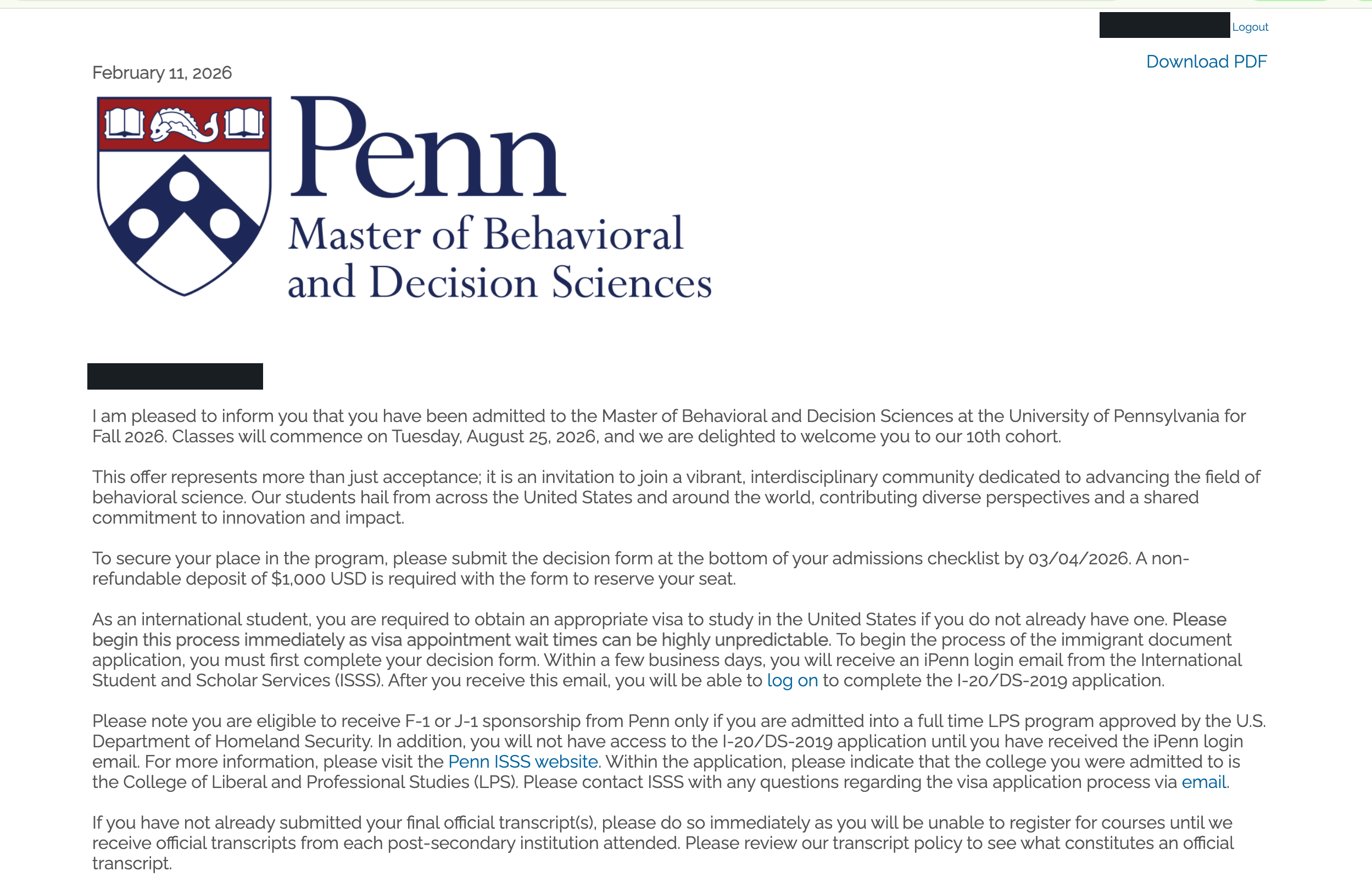 University of Pennsylvania真实录取通知，个人信息已处理