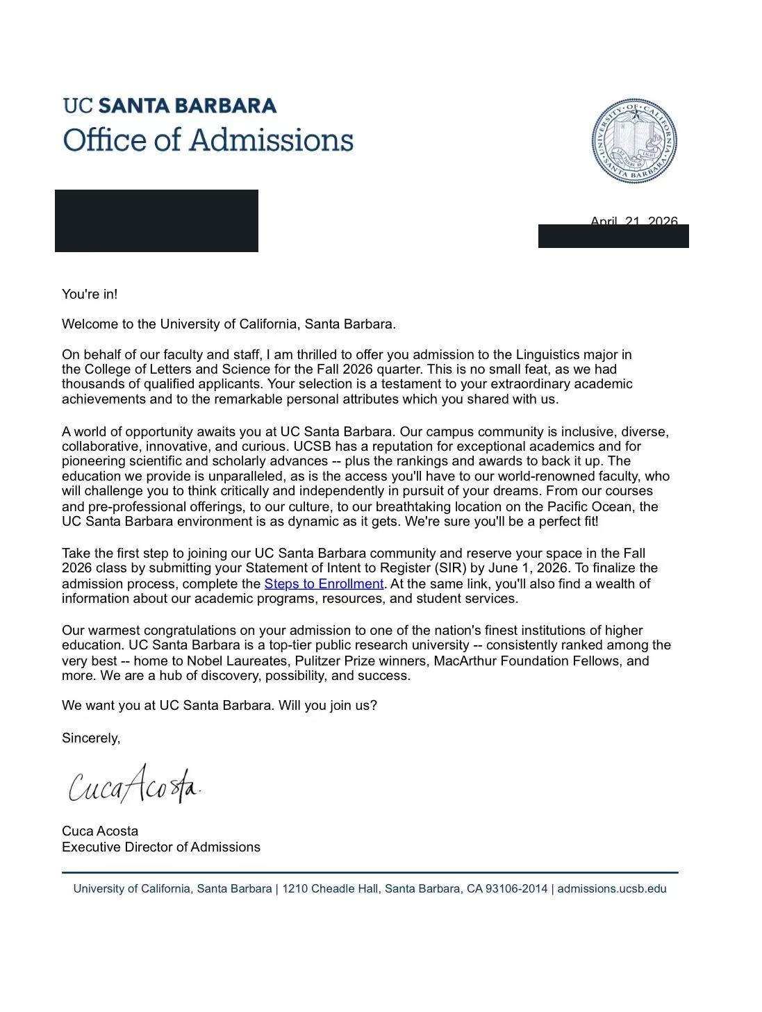 UC Santa Barbara真实录取通知，个人信息已处理