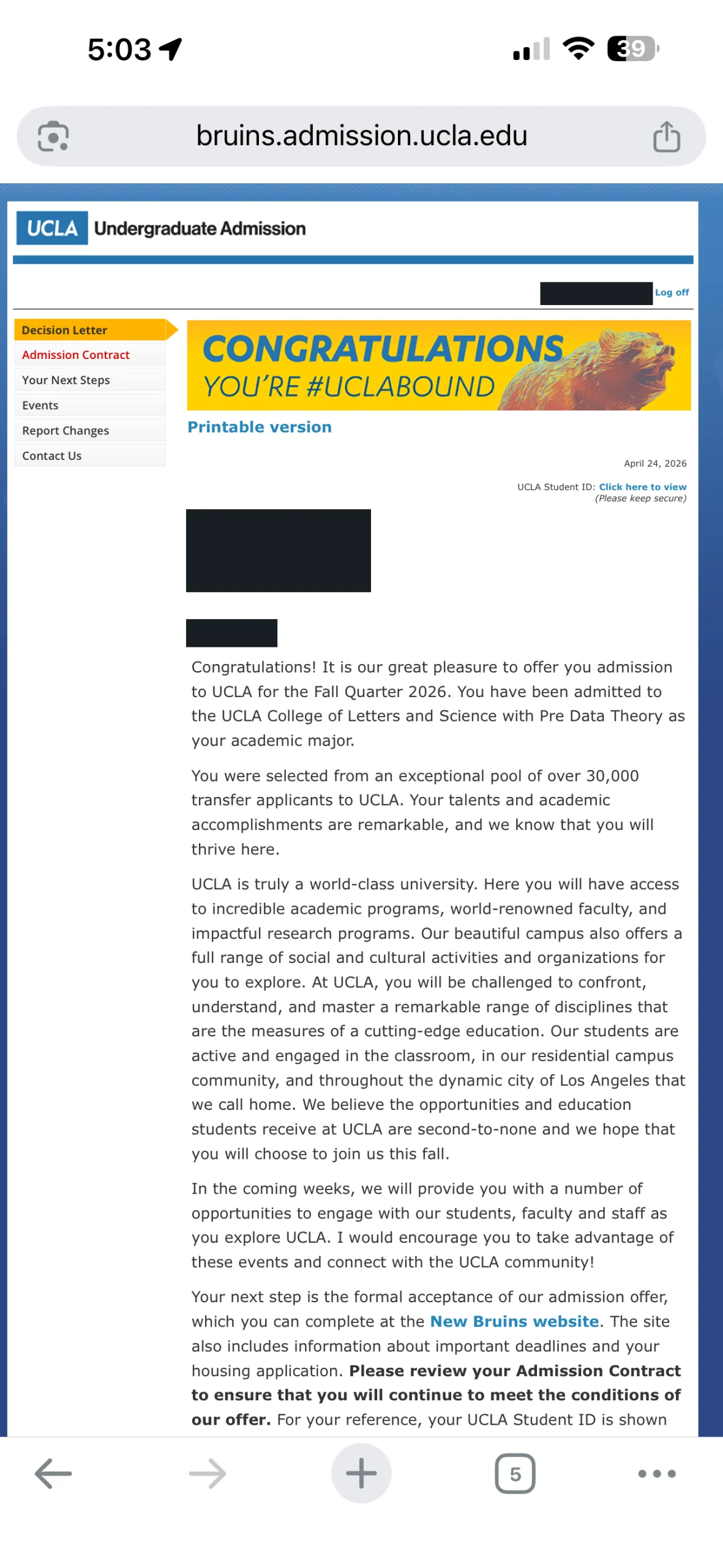 UCLA真实录取通知，个人信息已处理