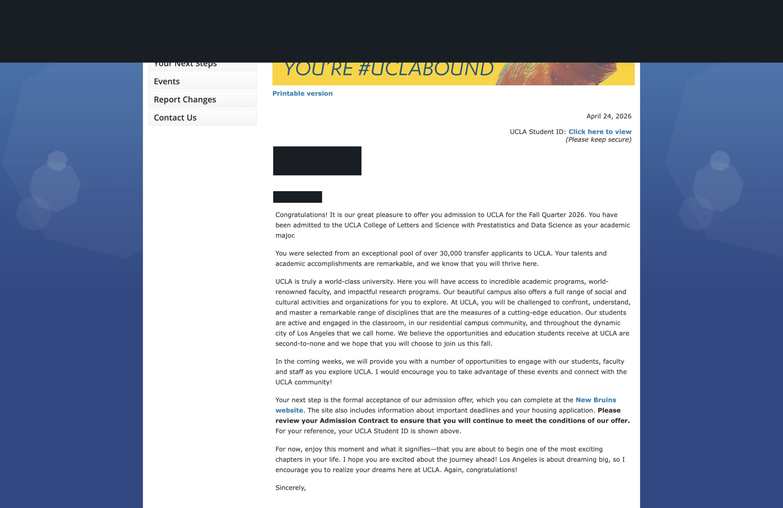UCLA真实录取通知，个人信息已处理