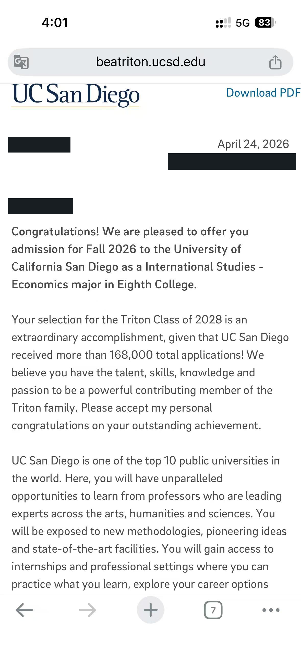 UC San Diego真实录取通知，个人信息已处理