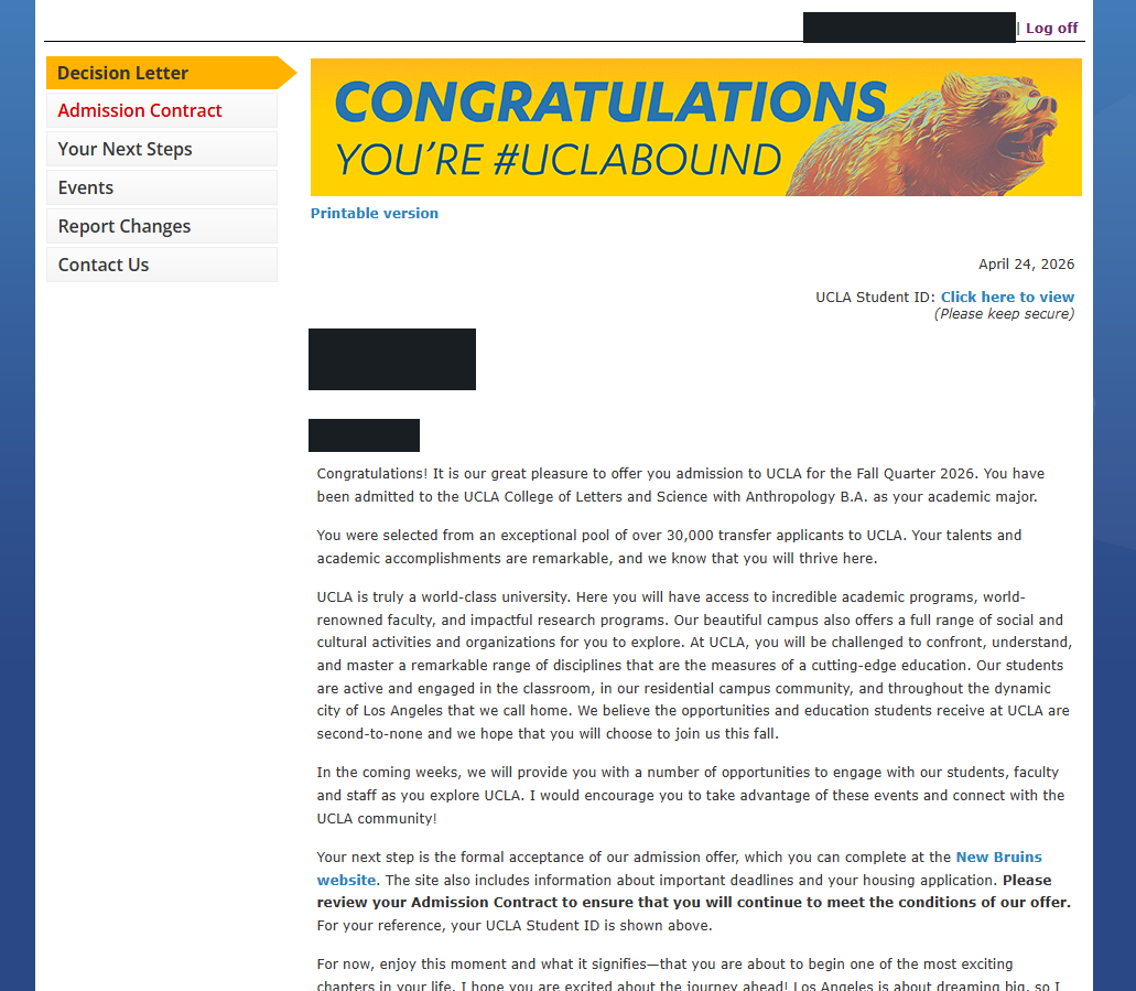 UCLA真实录取通知，个人信息已处理