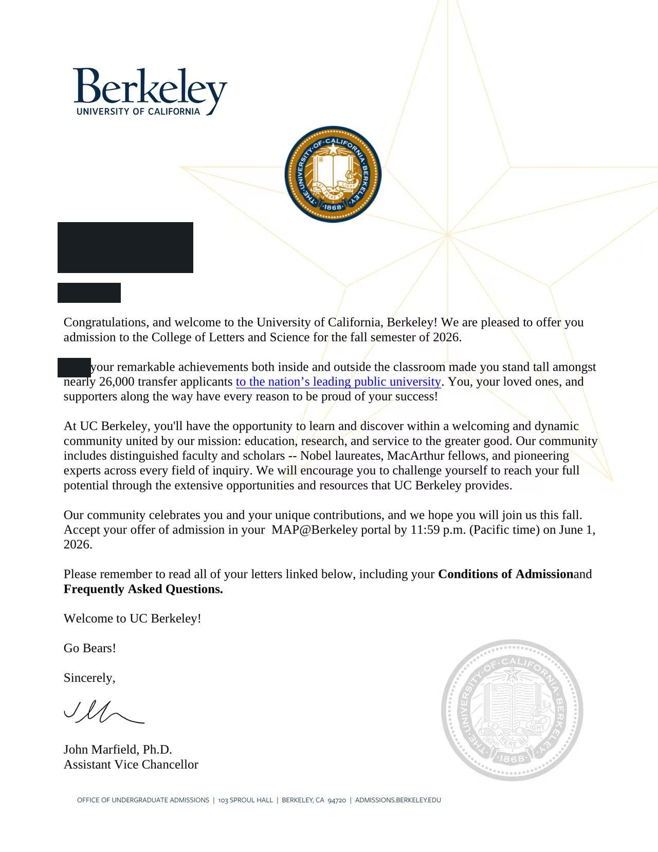 UC Berkeley真实录取通知，个人信息已处理