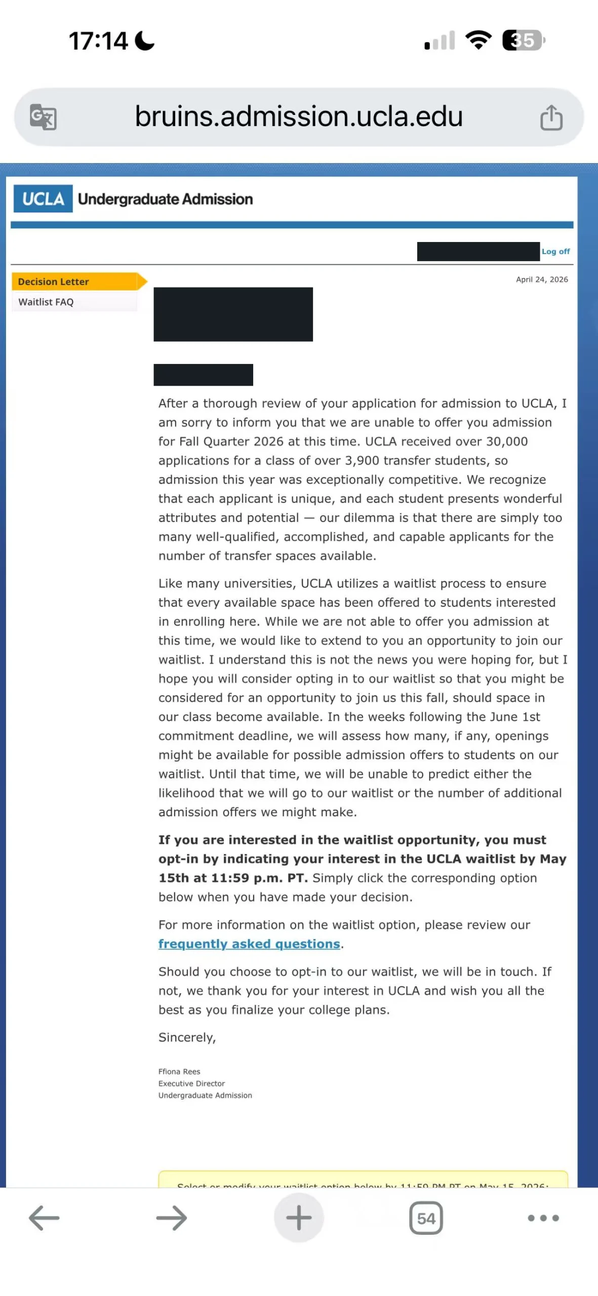 UCLA真实录取通知，个人信息已处理